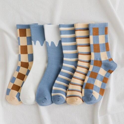 1Pair Spring Autumn Winter ins Women Comfortable Breathable plaid female cotton warm socks ladies Socks for women blue style