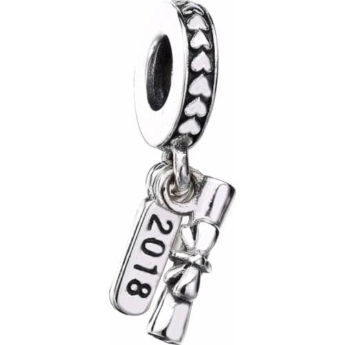 New 925 Sterling Silver Bead Charm Celebrate Graduation Scroll With Bow & 2018 Pendant Beads Fit Bracelet Diy Jewelry