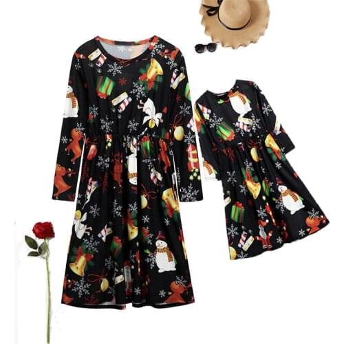 New Year Christmas Parent-child Clothing Christmas Print Stitching Mother and Daughter Skirt Family Clothing Women Girl Dress