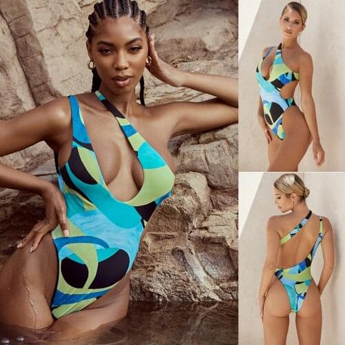 New Swimwear Women Printed One Piece Swimsuit Sexy Hollow Out One Shoulder Bodysuits Backless Monokini Brazilian Bathing Suit XL