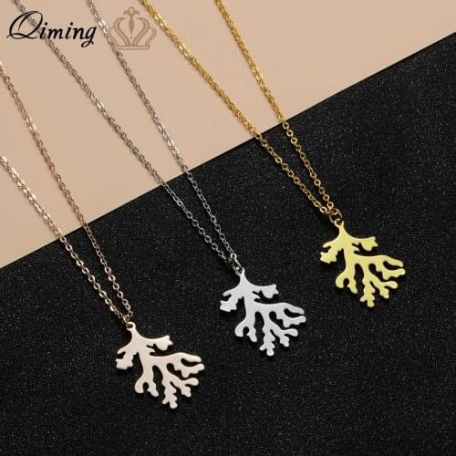 QIMING Marine Life Pendant Necklace Women Barrier Reef Coral Silhouette Shaped Tree Handmade Nature Inspired Jewelry
