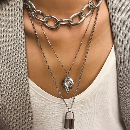 Punk Metal Big Thick Chain Necklace Lock Pendant Multi Layer Long Necklaces Jewelry
