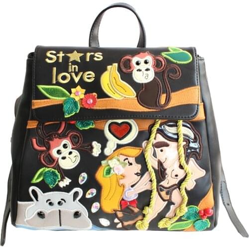 Tarzan Women Bags Leather Patchwork Embroidery Backpack Preppy Schoolbag Student Bag Travel Bag Totes Braccialini Style Cartoon