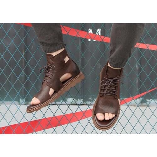 Male Summer Fashion Personality Genuine Leather Lace Up Leather Sandals Male Sandals Free Shipping