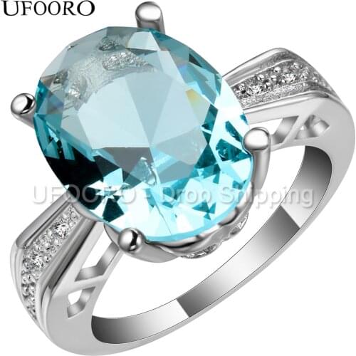 UFOORO New !AAA CZ Rings For Women luxury Big shine sky blue stone for wedding silver plated party gift ring anillos
