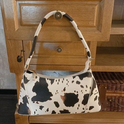 Vintage Cow Pattern Women Baguette Handbags Fashion Design PU Leather Ladies Shoulder Crossbody Bags Female Underarm Bag Bolsas