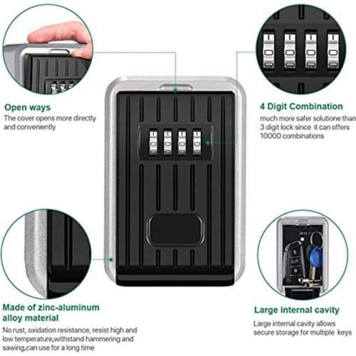 Lock Box 4 Digit Combination Waterproof Box Aluminum Alloy Weather Resistant Key Hider with Resettable Code Key Storage Wall M