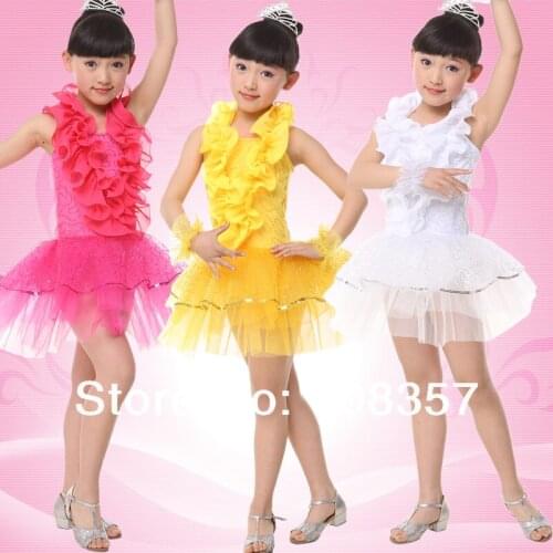 High Quality Children Blallet Dance Costume Ruffle Hem Halter-neck Gauze Latin Puff Skirt Performance Dresses