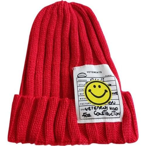 XEONGKVI Korean Smiling Face Patch Letter Children Knitted Cap Autumn Winter Warm Hats For Boy Girl Baby Stripe Beanies Pompom