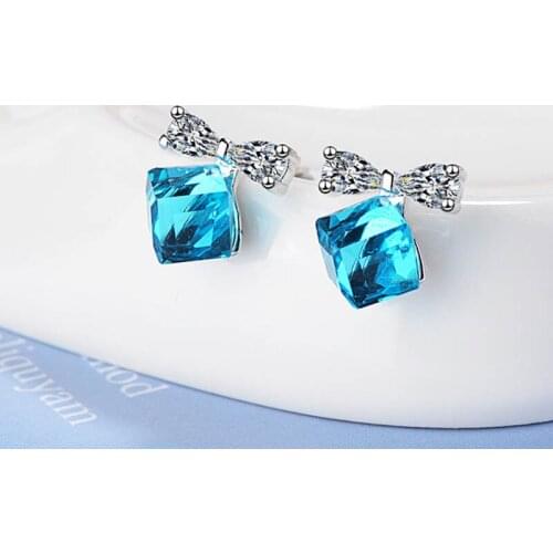 2019 Hot Sale Blue Geometry Square Rhinestone Crystal Stud Earrings Women Fashion Bowknot Stud Earrings Birthday Gift Wholesale