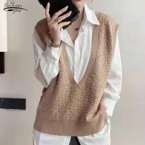 Korean Office Lady Knitted Sweaters Women Loose Knit Vest Solid Top Autumn Winter New V-neck Pullover Sweater Vest Women 15993