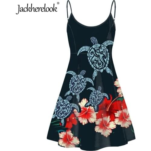 Jackherelook Polynesian Tribal Hawaii Hibiscus Turtle Print Summer Women Fashion Dress Spaghetti Strap Backless Slip Dresses