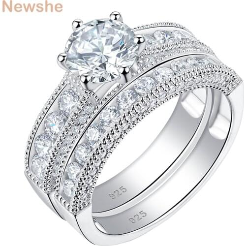 Newshe 100% Solid 925 Sterling Silver Wedding Engagement Ring Set For Women Six-prong AAAAA Cubic Zircons Vintage Bridal Jewelry