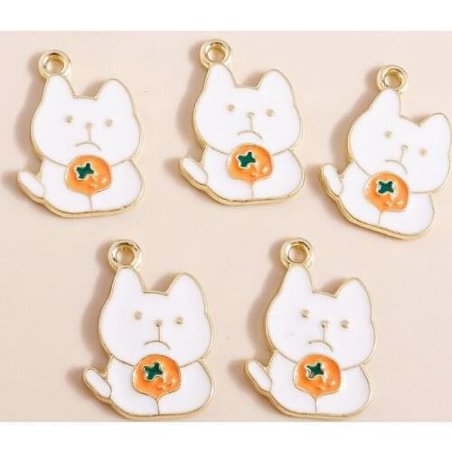 10pcs 14*19mm Cartoon Frustrated White Cat Charms for Jewelry Makings Cat Eating Orange Necklaces Earrings Making Accessories