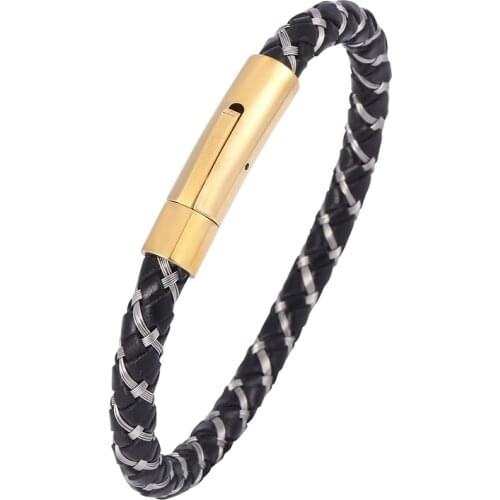 Punk Leather Bracelet Men Jewelry Trendy Stainless Steel Exquisite Snaps Wire Braided Hand Rope Male Bracelets Bangles PD0591