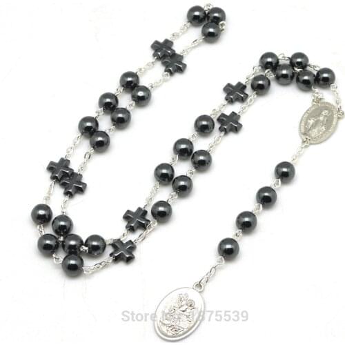 Hematite Bead St Michael Rosary Necklaces Round Bead Cross Beads