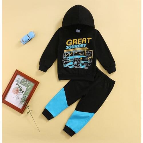 FOCUSNORM 2-7Y 2pcs Infant Kids Boys Causal Clothes Sets Cartoon Car Printed Long Sleeve Pullover Hooded Tops Pants