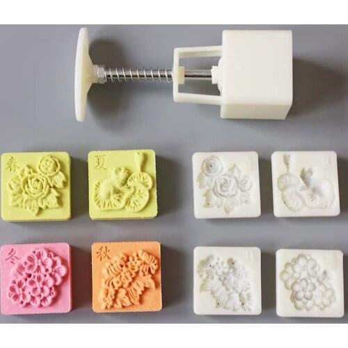 65g-75g 3D square shape Four seasons Mooncake mung bean cake Molds mould with 4 Stamps plastic hand pressure , 50sets/lot