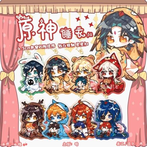 Game Genshin Impact Zhongli Xiao Venti Pajamas Party Cartoon Q Version Keychain Acrylic Pendant Keyring Toy Badge Brooch Pin