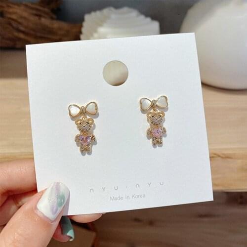 Playful Cute Mosaic Pink Semi-precious Stones Little Bear Eardrop Fresh Sweet Bow Dangle Earrings Simple Exquisite Jewelry Gift