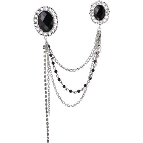 Classic Crystal Beads Lapel Men Boys Brooch Pin Rhinestone Flower Badge with Chains Brooch for Wedding Engagements Prom