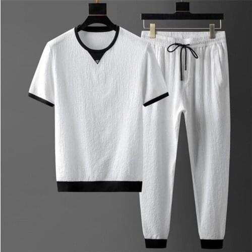 Mens Sets Summer Short Sleeve Tops+ Elastic Waist Trousers Men Clothing Two Piece Set Korean Streetwear Tracksuit Men Big Size