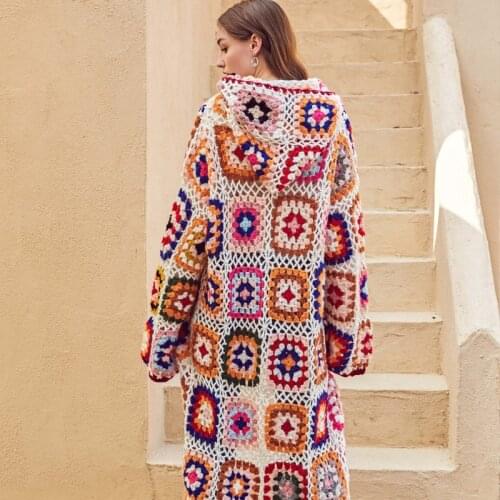 Crochet Handmade Cardigan Women Long Sleeve Bohemian Style Colorblock Cardigan Sweater Winter New Long Cardigan