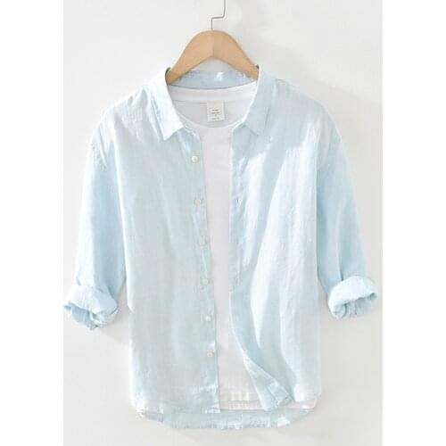 1808 Men Shirt Simple Casual Youth Slim Fit Single-Breasted Three Quarter Sleeve Loose Square Collar Yarn-Dyed Linen Solid Color