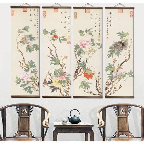 Chinese style Traditional style green flowers Canvas for Living Room Wall Art Posters Solid Wood Scroll Paintings home decor