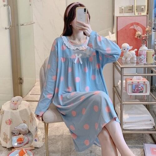2020 Autumn Long Sleeve Print Nightgowns for Women Loose Long Dress Cute Lace Sleepwear Night Dress Home Dress Nightdress Nighty