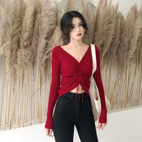 Autumn New Korean Version V-neck Knitted Bottoming Shirt With Slim-fit Sweater Womens Drawstring Long-sleeved T-shirt