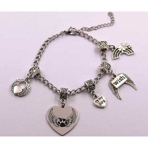 Paw print with angel wings stainless steel chain dog angel pet loss pet owner memory bracelet gift for dog lover