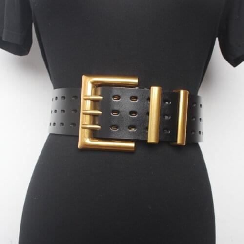 Luxury fashion belt with leather hollow black decorative girdle wide belt for ladies with coat skirt belt