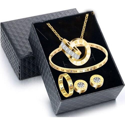 Luxury Roman Numeral Necklace Earring Bracelet Ring Set For Women Never Fade 316L Stainless Steel Wedding Jewelry Set Gift Box