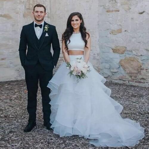 Wedding Dress 2 Pieces A Line Boho Beach Simple Short Top Bride Dresses Robe De Mariee Bridal Gowns Layer Full Skirt 2021