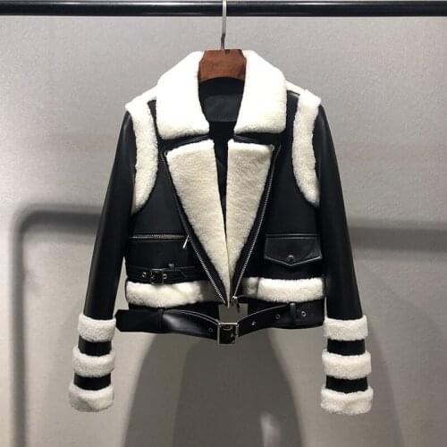Women Arrival New Coat Spring And Autumn 2021 Fashion Genuine Leather Jacket Turn-Down Collar Patchwork Real Sheep Wool Clothes