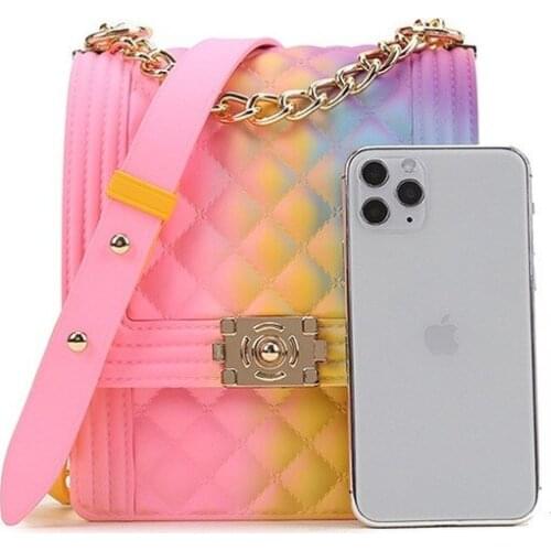 Womens Bag 2021 New Rainbow Vertical rhombic bag Diagonal bag Chain jelly bag color bag small mobile phone bag
