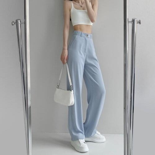 WOMENGAGA Women Simple Solid Color Casual All-match Trouser Korean Style High Waist Commute Slim Wide Leg Pants 7MS1