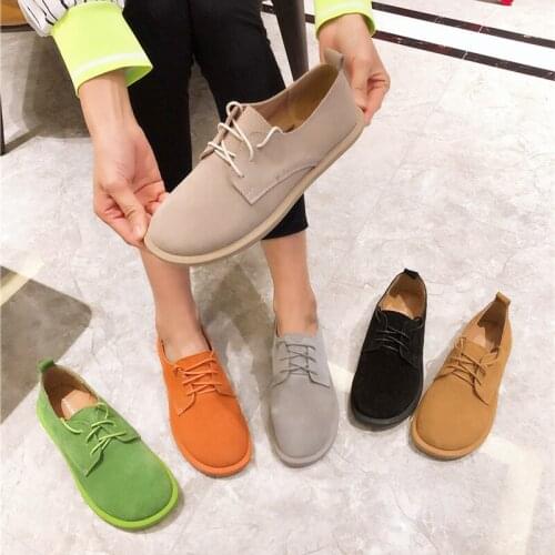 Spring & Summer Womens Shoes Vintage British Style Cow Suede Lacing Women Flats Round Toe Casual Candy Colors Oxfords OULYYYOGO
