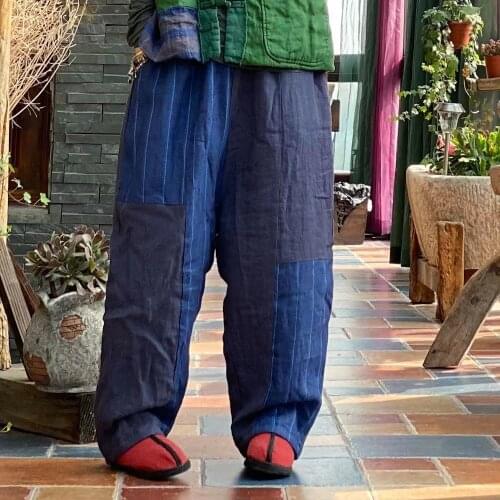 Women Winter Linen Padded Pants Ladies Vintage Elastic Waist Flax Loose Pants Female Striped Spliced Trousers