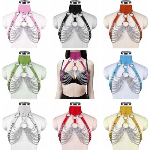 Hollow Bra Metal Chain Accessories Harness For Women Restrain Neck Handmade Leather Sexy Gothic Clothes Pole Dance Rave Costume