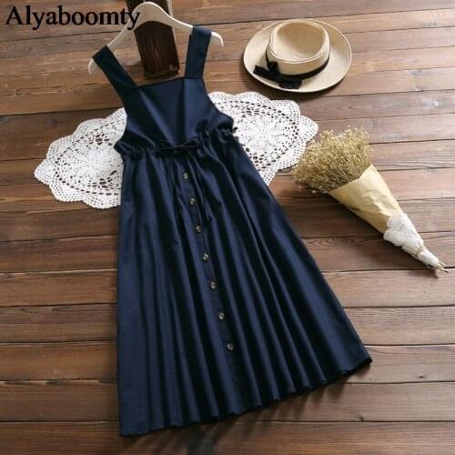 Japanese Mori Girl Spring Summer Women Sundress Navy Blue Suspenders Elegant Dress Vintage Sleeveless Midi Dresses