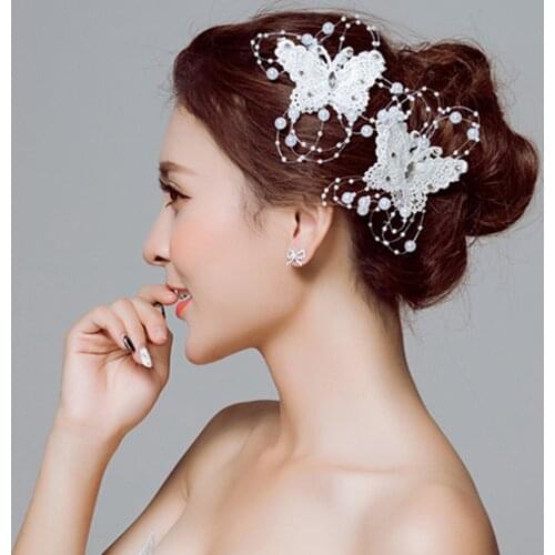 Women Hair Jewelry Accessory Wedding Bridal Bridesmaid White Lace Crystal Pearl Butterfly Hairwear Handmade Hair Pin Clip Tiara