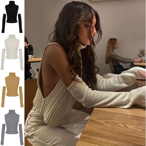 Womens Y2K Sweater 2021 Autumn and Winter Fashion Turtleneck Sleeveless Sweater Pullover Casual Slim Knit Sweater with Sleeve