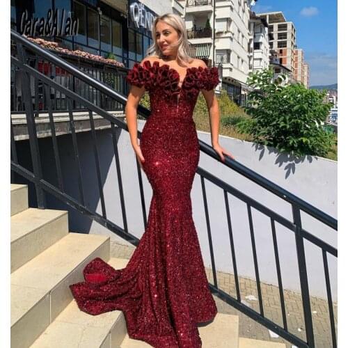 Sexy Burgundy Prom Dresses Sequin Ruched Neckline Mermaid Evening Gowns for Women Custom Made robe de soirée femme 2021