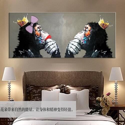 Handmade abstract king and queen orangutans wall painting for home decor grey oil painting on canvas animal monkey art