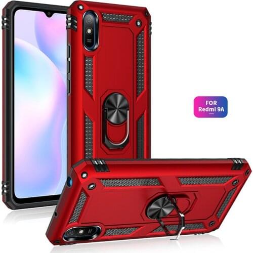Car Magnetic Metal Finger Ring Holder Armor Shockproof Case For Xiaomi Redmi 9 9A 9C TPU Bumper Hard PC Protective Back Cover