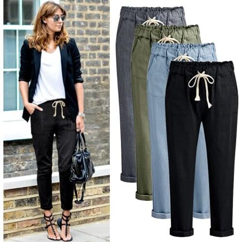 Women Summer Lace up Elastic Waist Harem Pants Ankle Length Pants Casual Trousers