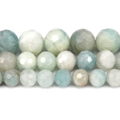 Natural Hard Faceted Blue Aquamarine Round Loose Beads Strand 6/8/10/12MM For Jewelry DIY Making Necklace Bracelet