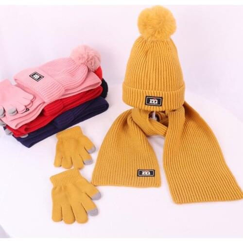 Childrens Winter/Autumn Woolen Three-piece Sweater Cap For Boys And Girls Knitted Warm Hat Scarf Gloves Set